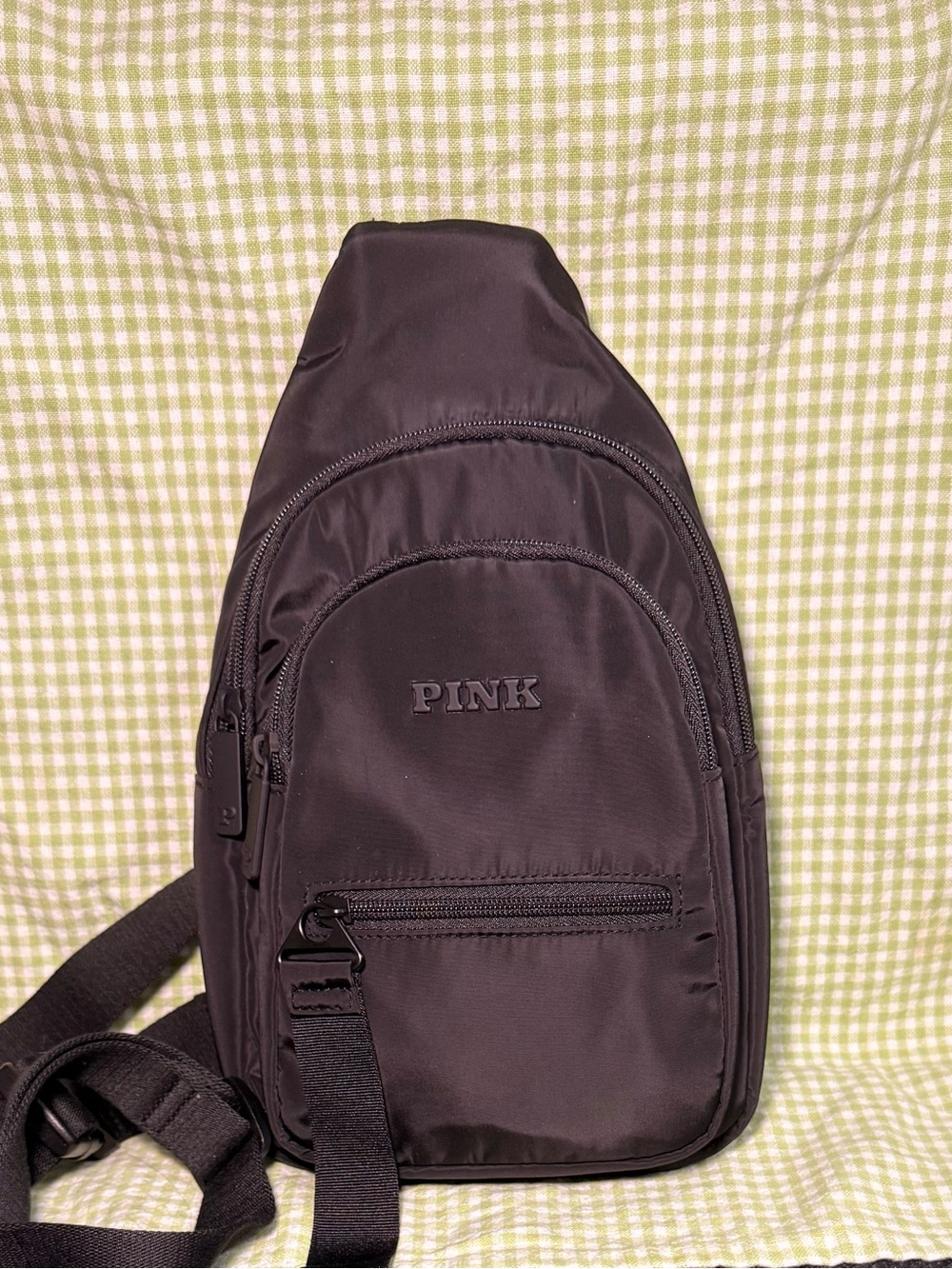 PINK Victoria's Secret Black Nylon Sling Backpack Crossbody Bag Multi-Pocket